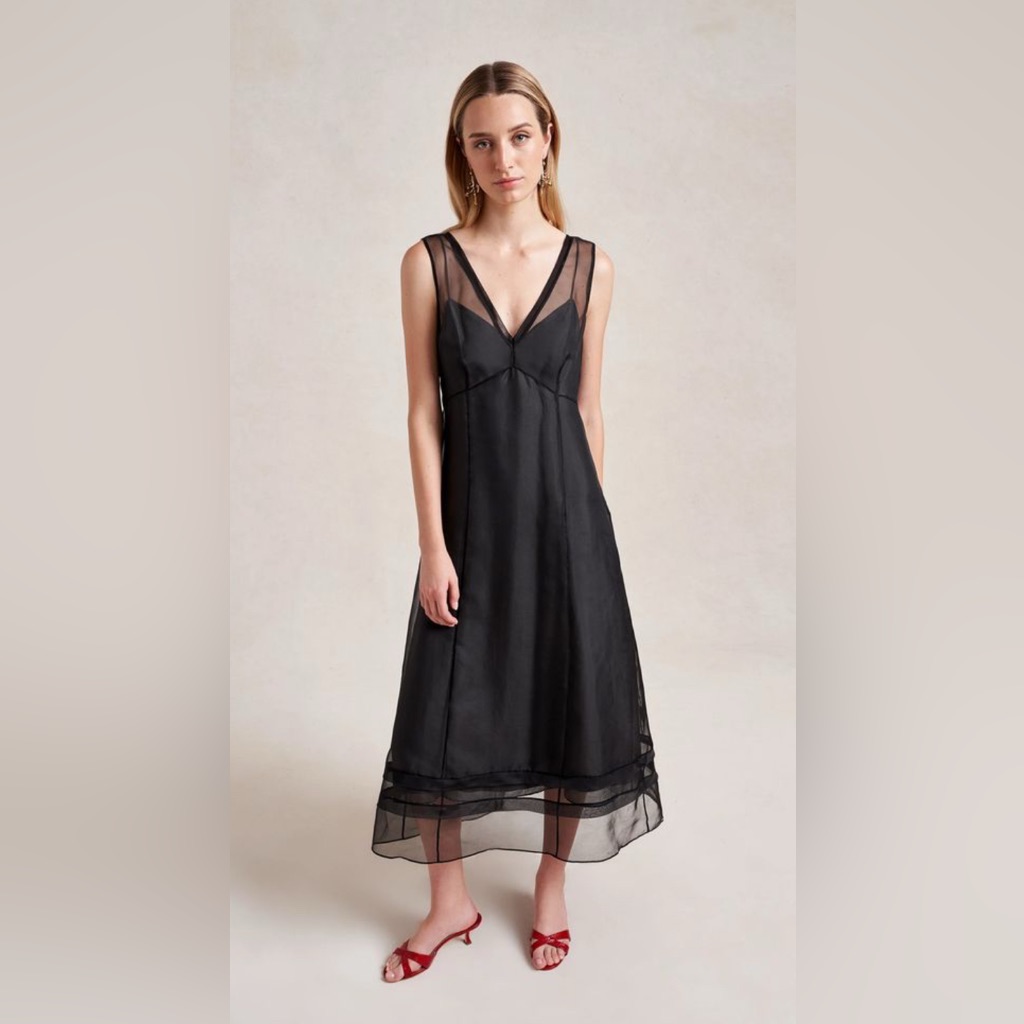 Sleeveless Black Sheer-Trim V-Neck Dress